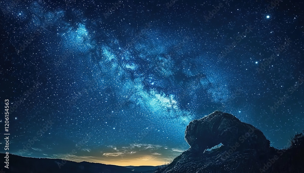 Starry night sky with the Milky Way, a vast expanse of stars in an open ...