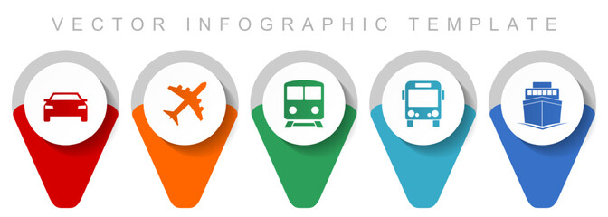 Poster - Transport and vehicles pointer collection, miscellaneous icons such as airplane, train, car, bus and ship, flat design vector infographic template in eps 10