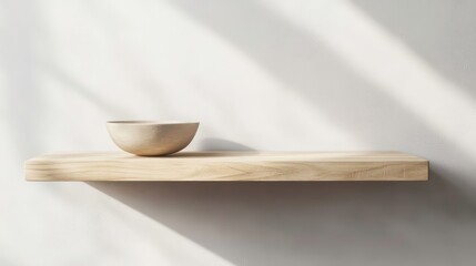 Poster - Minimalist wooden shelf with a beige bowl, sunlit.