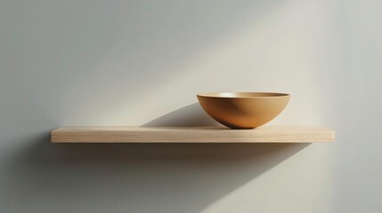 Poster - Simple beige bowl on light wooden shelf against a neutral wall, sunlit.