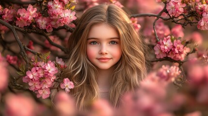 Wall Mural - A young girl with long brown hair is standing in front of a tree full of pink flowers. She is smiling and looking at the camera. The image has a warm and cheerful mood, with the pink flowers