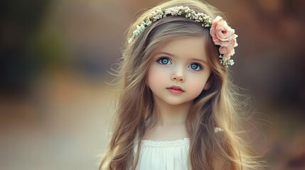 Wall Mural - A young girl with long blonde hair and blue eyes is wearing a flower headband. She is standing in a field of grass