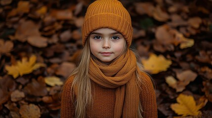 Wall Mural - A young girl wearing a yellow hat and scarf stands in a field of autumn leaves. She has a rosy complexion and a bright smile