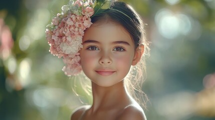 Wall Mural - A young girl with a flower headband is smiling. The image has a light and cheerful mood