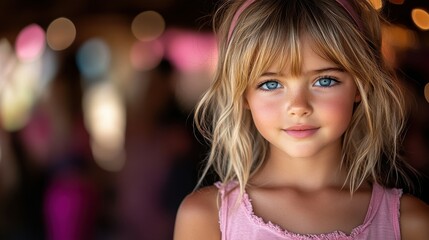 a young girl with blonde hair and blue eyes is smiling for the camera. she is wearing a pink tank to