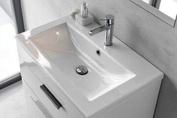 Poster - A white bathroom sink sits under a mirror