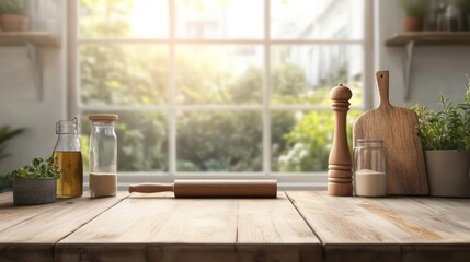 Poster - Rustic kitchen counter with rolling pin, oil, salt, pepper, and cutting board against bright window.