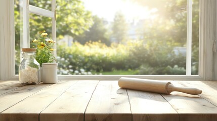 Aufkleber - Wooden table with rolling pin near window, sunny garden view.