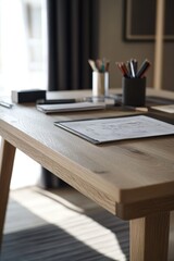 Wall Mural - A wooden desk with papers and pencils arranged neatly