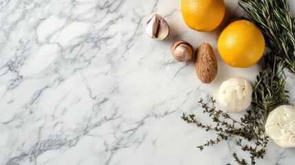Poster - Flatlay of oranges, garlic, almonds, rosemary, thyme, and cheese on marble.