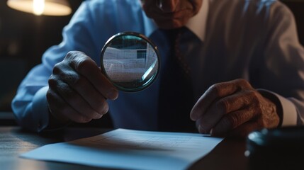 Wall Mural - a person carefully examining a piece of paper using a magnifying glass for closer inspection