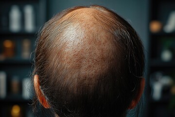 Wall Mural - A close-up shot of a man with a bald head standing in front of a bookshelf