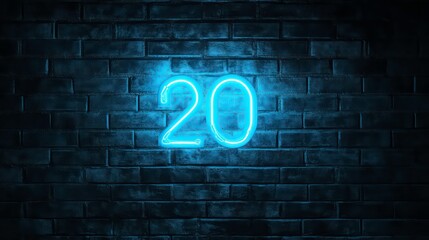 Poster - Glowing blue neon number twenty on a dark brick wall background.