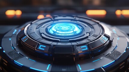 Poster - Futuristic Circular Device with Glowing Blue Core in a Technological Setting