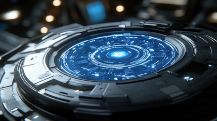 Poster - Futuristic Circular Device with Glowing Blue Lights and Intricate Details in a Blurred Technological Environment