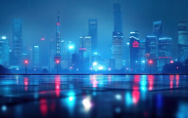 Aufkleber - Futuristic City Nightscape with Neon Lights Reflecting on Wet Streets