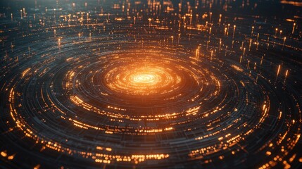 Poster - Futuristic Cityscape with Glowing Core at Night: Abstract Digital Art