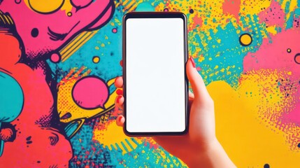 Aufkleber - Hand holding smartphone with blank screen against colorful graffiti background.