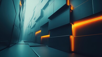 Poster - Futuristic Corridor with Glowing Orange Lines and Dark Teal Walls: A Digital Abstract