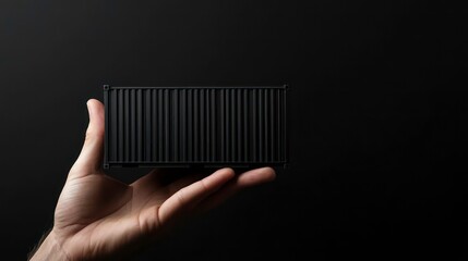 Poster - Hand holding a miniature black shipping container against a dark background.