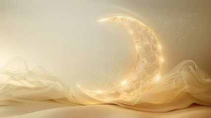 Canvas Print - Glowing crescent moon on beige fabric, soft light background, serene scene, ideal for Ramadan greeting