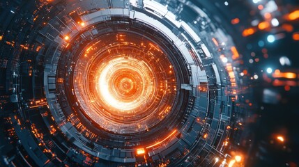 Poster - Futuristic Energy Core: Swirling Orange and White Light within a Complex Geometric Structure