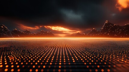 Poster - Futuristic Glowing Grid Landscape at Sunset