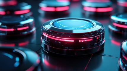 Poster - Futuristic Metallic Device with Glowing Lights in a Technological Setting
