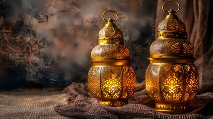 Canvas Print - Illuminated Ramadan lanterns on fabric, ornate background, festive celebration