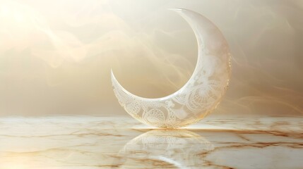 Canvas Print - Ornate crescent moon on marble, smoky background, Ramadan greeting