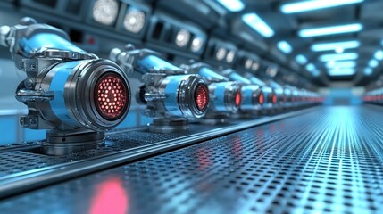 Poster - Futuristic Robotic Assembly Line in a High-Tech Factory Setting: Advanced Machinery and Glowing Components Showcase Technological Innovation and Progress