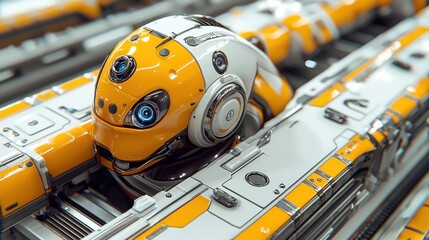 Poster - Futuristic Robotic Helmet in High-Tech Setting: A Close-up View of Advanced Technology and Sleek Design