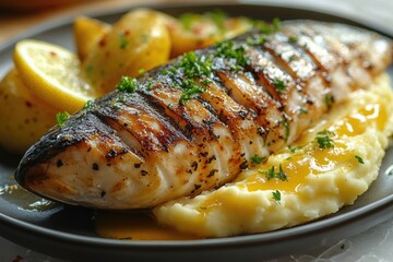 Wall Mural - A plate of food with potatoes and a fish fillet, perfect for a meal or recipe image