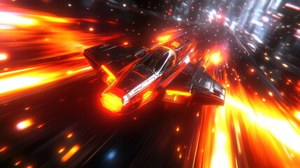 Poster - Futuristic Spaceship in Fiery Nebula