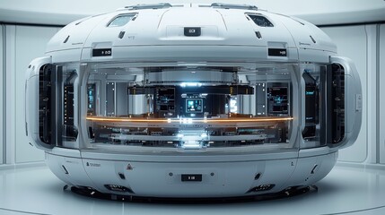 Poster - Futuristic Spaceship Interior Control Room with Advanced Digital Interface and Glowing Lights