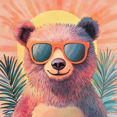 Poster - Bear wearing sunglasses enjoys a sunny day surrounded by palm leaves and a vibrant background