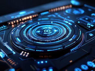 Poster - Futuristic Technological Interface with Glowing Blue and Orange Lights: Abstract Close-up of Complex Circuitry and Central Component