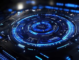 Aufkleber - Futuristic Technological Interface with Glowing Blue Circular Elements