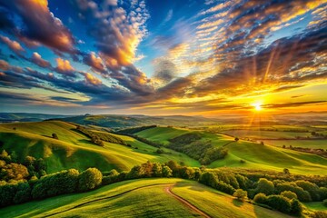 Wall Mural - Majestic Cirrus Cloudscape: Dramatic Sky Over Rolling Hills at Sunset