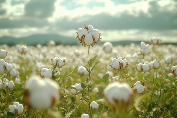 Wall Mural - A beautiful field of white flowers under a cloudy sky