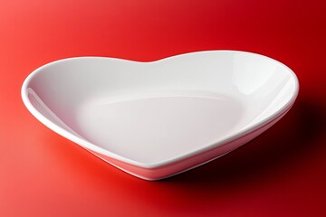Poster - Elegant White Heart Shaped Dish on Red Background Romantic Dinnerware Valentines Day Serving Bowl Ceramic Tableware Kitchenware Design Food Photography Prop    