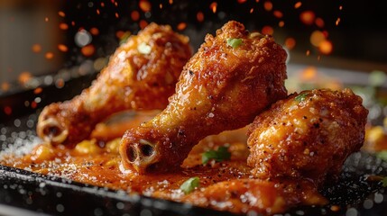 Poster - Close-up of crispy fried chicken wings on a black plate, served with tangy sauce