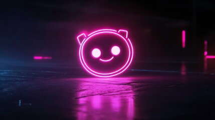 Poster - Smiling neon robot icon glowing on dark reflective surface.