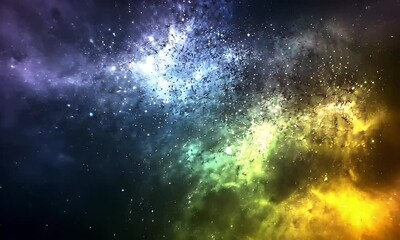 Wall Mural - Vibrant cosmic nebula showcasing swirling colors of blue, green, and yellow, with scattered stars in a vast space backdrop