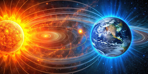 Poster - The vibrant connection between the sun and Earth is highlighted, revealing solar flares and magnetic fields at play in the vast universe, creating a stunning visual spectacle