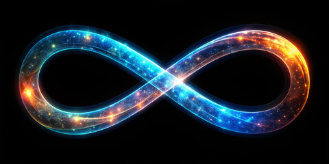 Poster - A vibrant infinity symbol illuminated with cosmic colors, featuring hues of blue and orange, set against a deep black backdrop to emphasize its ethereal quality
