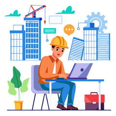 Poster - A structural engineer wearing a hard hat is seated at a desk, focused on a laptop, surrounded by various building designs and construction elements, showcasing a contemporary workspace