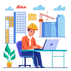 Poster - A structural engineer focuses on analyzing building stress levels while working at a desk in an office. The background displays a modern city skyline with construction activities