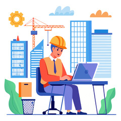Poster - a structural engineer in a hard hat is seated at a desk working on a laptop, evaluating building str