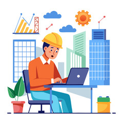 Poster - A structural engineer wearing a hard hat focuses on a laptop, assessing building stress data among skyscrapers and construction elements under a sunny sky
